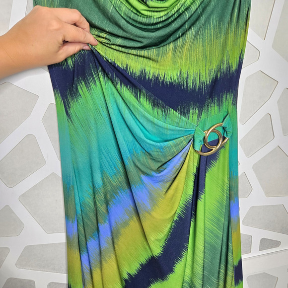 Tahari Drape Neck Ruched Midi Dress Size 4 Art to Wear Work Office Abstract - Picture 2 of 6